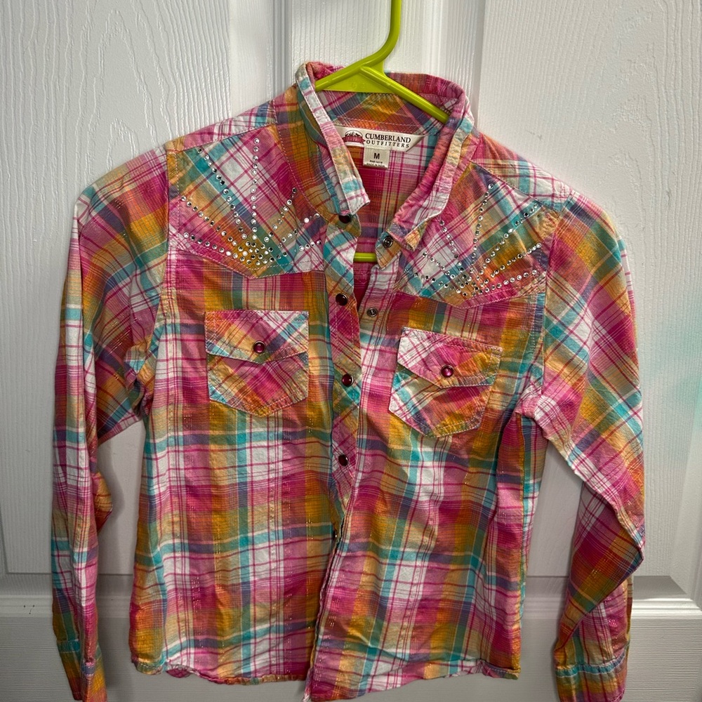 Pink, orange and blue plaid, Cumberland outfitters pearl snap